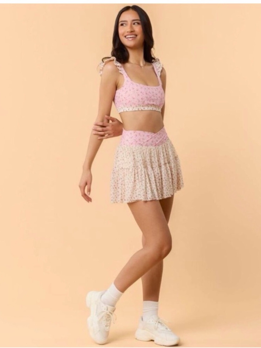 Blogilates 3X Light Pink Floral Tiered Mini Skort with High Waist